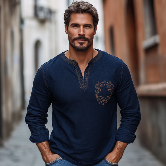 Men's V-Neck Long Sleeve T-Shirt | Navy Blue | Cotton Linen Blend | Vintage Embroidery | Casual Wear | Comfortable & Stylish | Breathable Fabric | Versatile Design