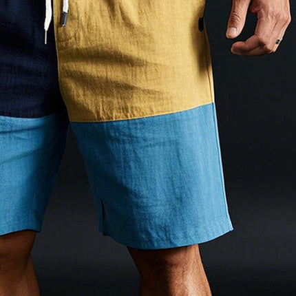 Men's Linen Casual Shorts | Contrast Color Block Design | Elastic Waist Drawstring | Breathable Lightweight Fabric | Navy Mustard Yellow Light Blue | Summer Beach Barbecue Hangout | Sizes S to XXXL
