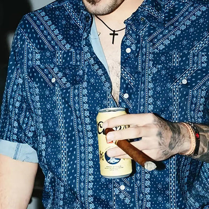 Men's Long Sleeve Lapel Shirt | Dark Blue Retro Print | Casual Vintage Style | Breathable Fabric | Smart Casual Wear | Bold Statement Design | Ideal for Outings & Events | Tailored Regular Fit | Button-Up Closure