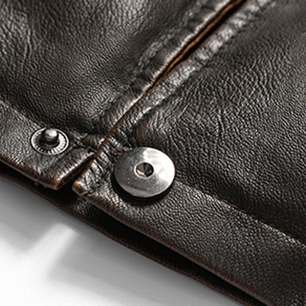Men's Leather Vest | Soft Vintage Style | Double Layer Fleece Collar | Italian Calfskin Trim | Heavy-duty Brass Zipper | Antiqued Snaps | Multiple Pockets | Handcrafted Outerwear