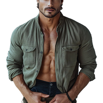 Men's Striped Textured Shirt | Stand Collar | Long Sleeve | High-Quality Fabric | Contemporary Twist | Breathable Comfort | Machine Washable | Versatile Style for Casual & Semi-Formal Occasions