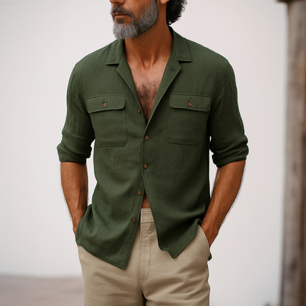 Men's Long Sleeve Shirt | Casual Slim Fit | Breathable Cotton Linen | Lapel Collar | Chest Pocket | Lightweight & Textured Fabric | Ideal for Casual Outings & Summer Events