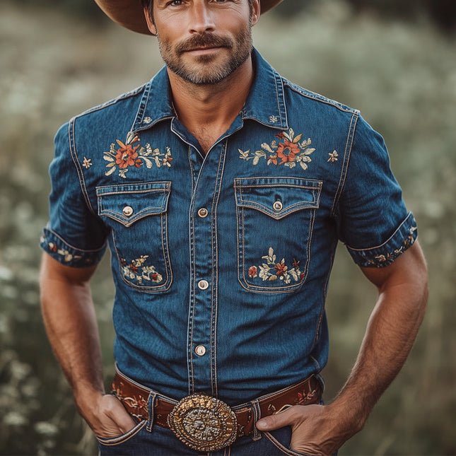 Men's Embroidered Denim Shirt | Short Sleeve | Classic Summer Style | Casual Outings | Lightweight Breathable Fabric | Traditional Collar | Sizes S to 3XL | Easy Care | Versatile Fashion