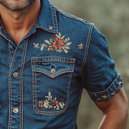 Men's Embroidered Denim Shirt | Short Sleeve | Classic Summer Style | Casual Outings | Lightweight Breathable Fabric | Traditional Collar | Sizes S to 3XL | Easy Care | Versatile Fashion