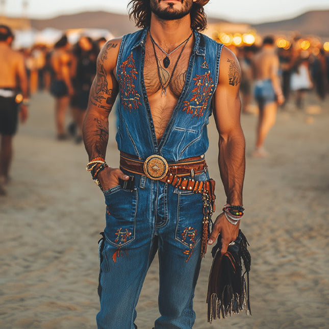 Men's Western Denim Jumpsuit | Embroidered Detailing | High-Quality Fabric | Durable Classic Style | Button Front | Multiple Pockets | Tailored Fit | Versatile Fashion | Modern Cowboy | Unique One-Piece Outfit