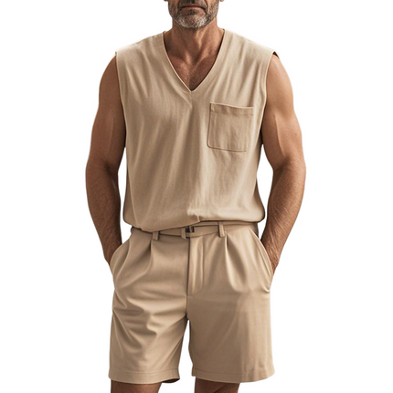 Men's Casual Cotton V-Neck Tank Top & Shorts Set | Sleeveless | Chest Pocket | Breathable Summer Loungewear | Relaxed Fit | Elastic Waistband | Versatile Outdoor & Home Wear