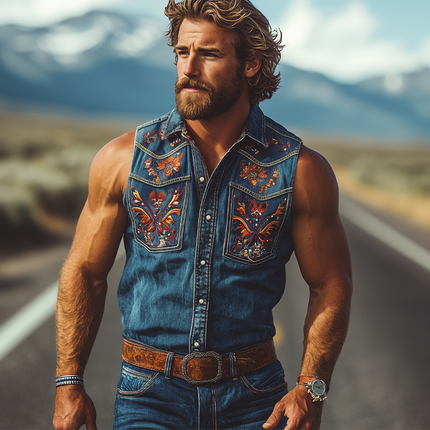 Men's Denim Sleeveless Shirt | Summer Fashion | Retro Western Style | Cowboy Embroidery | High-Quality Fabric | Breathable Comfort | Stylish Motifs | Versatile Casual Wear