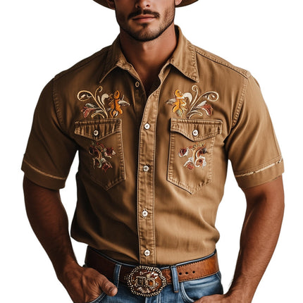 Men's Western Cowboy Shirt | Vintage Embroidered Denim | Short Sleeve | Rustic Casual Shirt | Iconic Western Themes | Durable Comfort | Lapel Collar | Versatile Styles | Sizes S to 3XL