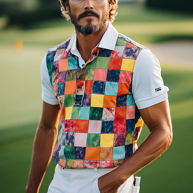Men's Short Sleeve Polo Shirt | Color Block Print | Stylish Classic Fit | Premium Breathable Fabric | Easy Care | Casual & Semi-Formal Events | Standout Modern Design