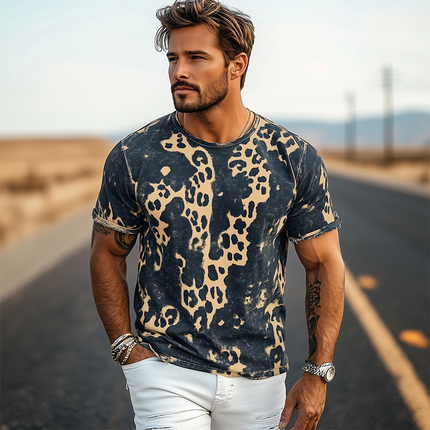 Men's Retro Western Distressed Leopard Print T-Shirt | Cotton Blend Short Sleeve | Vintage Cowboy Style | Spring Summer Casual Wear | Bold Graphic Design | Comfortable Breathable Fabric