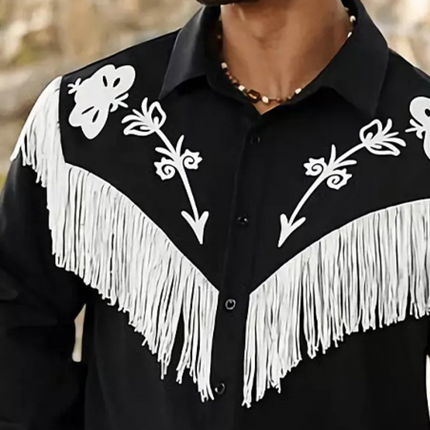 Men's Black Long Sleeve Shirt | Embroidered Tassel Accents | Casual Bohemian Style | Cotton Material | Lapel Collar | Button-Down Closure | Regular Fit | Versatile Fashion for Year-Round Wear