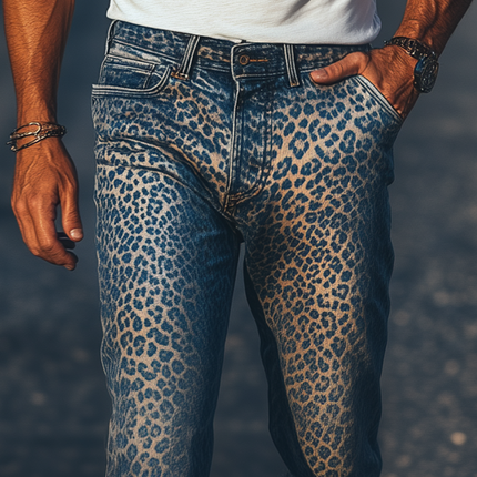 Men's Fashion | Spring Summer Retro Western Style Washed Denim Leopard Print Pants | Vintage Cowboy Look | Casual Straight-Leg Jeans | Breathable Fabric | Bold Leopard Print | MTA1337E1K
