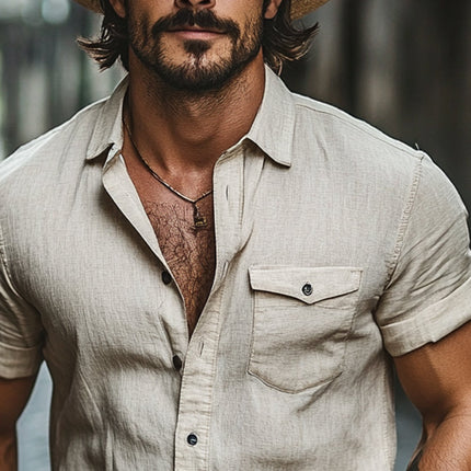 Men's Casual Dress Shirt | Cotton Linen Blend | Solid Color | Lapel Collar | Short Sleeve | Breathable and Comfortable | Versatile Wardrobe Essential | Semi-Formal & Casual Wear