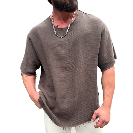 Men's T-Shirt | Solid Cotton Linen | Rough Edge Detail | Round Neck | Short Sleeve | Breathable Lightweight Fabric | Casual Versatile Style | Ideal for Warm Weather | Distressed Fashion Element
