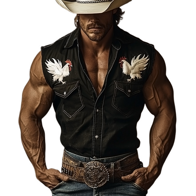 Men's Retro Cowboy Sleeveless Shirt | Western Rooster Embroidery | Denim Lapel | Vintage Washed | Casual Versatile Style | Ideal for Spring Summer Events | Durable Comfortable Wear