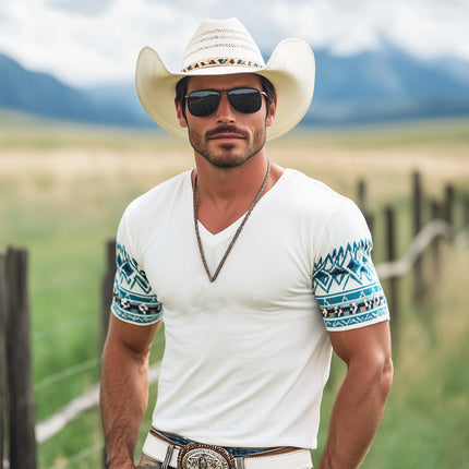 Men's Western Cowboy Style T-Shirt | Printed V-Neck | Short Sleeve | Casual Rugged Fashion | Soft Breathable Cotton Blend | Relaxed Fit | Bold Western Motif | Perfect for Summer & Festivals