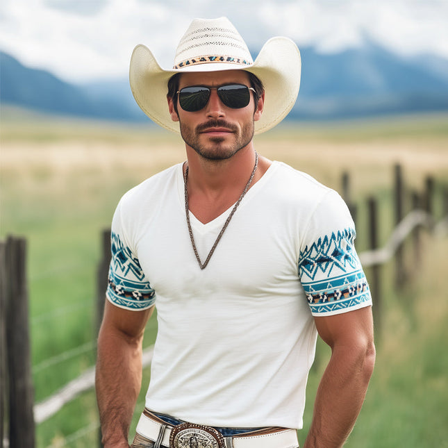 Men's Western Cowboy Style T-Shirt | Printed V-Neck | Short Sleeve | Casual Rugged Fashion | Soft Breathable Cotton Blend | Relaxed Fit | Bold Western Motif | Perfect for Summer & Festivals