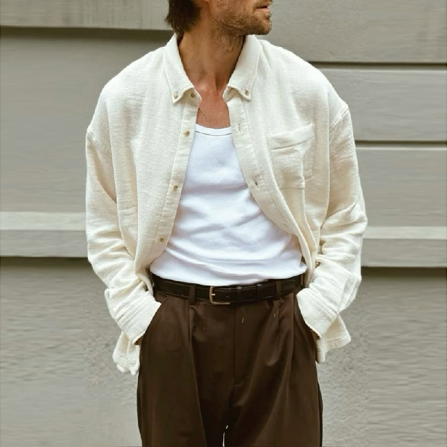 Men's Long Sleeve Cotton Blend Shirt | Casual Loose Fit | Solid Color | Lapel Collar | Patch Pocket | Button-Front | Versatile Everyday Wear | Comfortable & Breathable | Available in Multiple Sizes