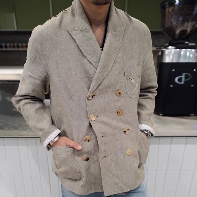 Men's Cotton Linen Blazer | Peak Lapel | Double Breasted | Tailored Fit | Casual Smart-Casual Outerwear | Lightweight Breathable Fabric | Versatile Stylish Jacket | Ideal for Semi-Formal Events