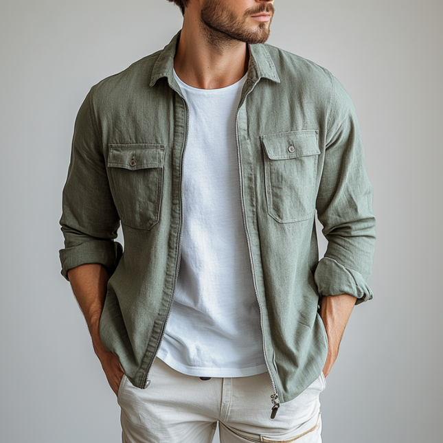 Men's Linen Blend Shirt | Breathable Casual Long Sleeve | Lapel Collar Zipper Placket | Chest Pocket | Versatile Relaxed Fit | Ideal for Everyday Wear | Lightweight and Comfortable | Easy Care