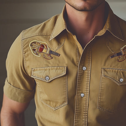 Men's Denim Shirt | Western Cowboy Style | Guitar Embroidery | Short Sleeve | Lapel Collar | Casual Button-Down Top | Comfortable Fit | Music Inspired | Sizes S to 3XL | Premium Quality Denim