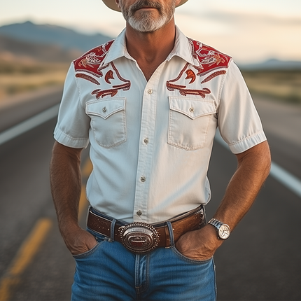 Men's Retro Western Cowboy Shirt | Contrast Cotton Linen Blend | Short Sleeve | Embroidery Detail | Spring Summer Fashion | Breathable Casual Top