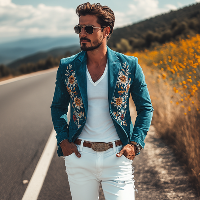 Men's Slim Fit Western Style Blazer | Classic Retro Suede | Embroidered Sheepskin | Casual & Semi-Formal Outerwear | Tailored Notched Lapel Design | Versatile Fashion Piece for All Occasions