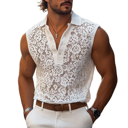 Men's Sleeveless Tank Top | Lace Lapel | Casual Summer Shirt | Soft Breathable Fabric | Elegant Lace Accent | Comfortable Fit | Stylish Casual Wear for Men