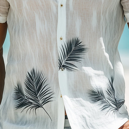 Men's Linen Palm Leaf Print Shirt | Short Sleeve Summer Fashion | Casual Button-Down | Breathable Lightweight | Trendy Tropical Style | Beach Day Outfit | Multiple Sizes | Men's Clothing