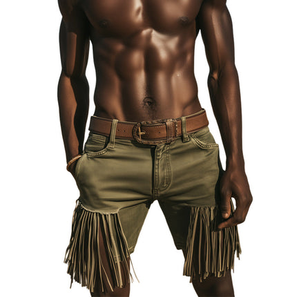 Men's Denim Fringe Shorts | Western Cowboy Style | Premium Quality | Comfortable Fit | Mid-Rise Waist | Above Knee Length | Multiple Pockets | Rugged Modern Design | Casual Wardrobe Essential | Sizes S to 3XL