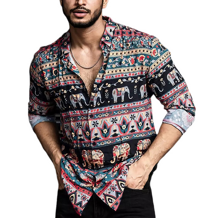 Men's Retro Colorblock Shirt | Long Sleeve Casual Dress Shirt | Vintage Print | Bold Colorblock Pattern | Cotton Blend | Regular Fit | Button-Down Collar | Classic Neckline | 01305362U