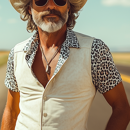 Men's Western Style Shirt | Suede Stitching | Leopard Print | Slim Fit | Short Sleeve | Lightweight Breathable Fabric | Retro Cowboy Aesthetic