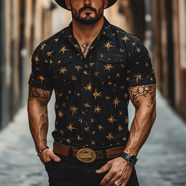 Men's Western Cowboy Shirt | Star Print | Short Sleeve | Regular Fit | Breathable Fabric | Vibrant Design | Casual Dress Shirt | Comfortable & Durable | Easy Care | Perfect for Outings & Events