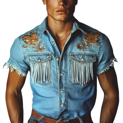 Men's Western Cowboy Denim Shirt | Embroidered Tassel Design | Short Sleeve | Classic Western Collar | Durable Soft Denim | Comfortable Fit | Sizes S-3XL | Rugged Western Aesthetic