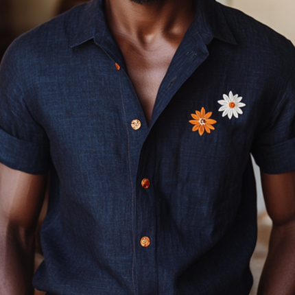 Men's Linen Shirt | Daisy Embroidery Shirt | Slim Fit Short Sleeve | Casual Lapel Collar | Breathable Lightweight Summer Top | Elegant Style for Beach | Summer Outings |