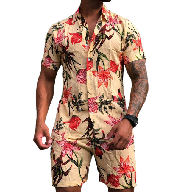 Men's Hawaiian Floral Print Two-Piece Set | Retro Casual Short Sleeve Shirt & Shorts | Notched Lapel | Summer Beach Outfit | Lightweight Breathable Fabric | Elastic Waist | Vacation Clothing | Sizes S to 3XL