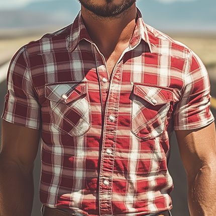 Men's Plaid Cotton Linen Short Sleeve Shirt | Retro Western Cowboy Style | Summer Fashion Casual | Breathable Fabric