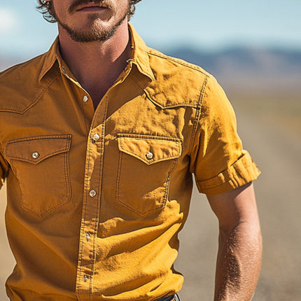 Men's Western Cowboy Shirt | Multi-Pocket | Short Sleeve | Durable Material | Casual Fashion | Classic Rancher Style | Breathable Fabric | Ideal for Outdoor Activities | Stylish Comfort