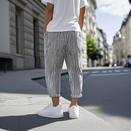 Men's Tapered Pants | Cotton Blend | Elastic Waist | Casual Striped Design | Comfortable Fit | Stylish Everyday Wear