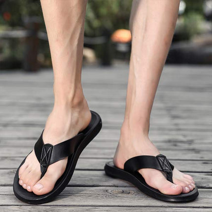 Men's Leather Beach Flip Flops | Round-Toe Sandals | Comfortable Flexible Outsole