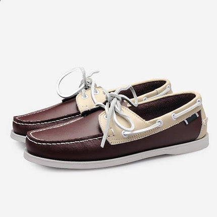 Men's Leather Moc-Toe Boat Shoes | 360° Lacing System | Rustproof Eyelets | Contrast Stitching | Flexible Outsole | Casual Cool Style | Timeless Appeal
