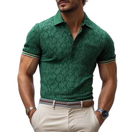 Men's Vintage Print Polo Shirt | Short Sleeve | Chest Pocket | Lapel Detail | Retro Style | Casual Fashion | Breathable Fabric | Comfortable Fit | Ideal for Outings & Gatherings