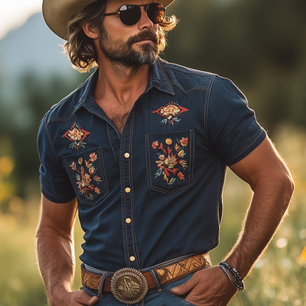 Men's Retro Embroidered Denim Shirt and Shorts Set | Summer Fashion | Casual Short Sleeve | Vintage Style | Lightweight Breathable Fabric | Classic Collar | Practical Pockets | Easy Care Machine Washable