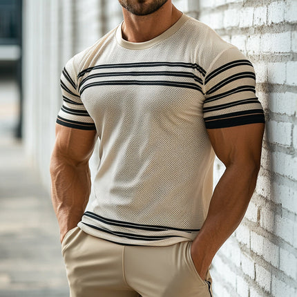 Men's Vintage Style Striped Mesh T-Shirt | Retro Casual Round Neck Short Sleeve | Breathable Lightweight Top for Spring Summer | Timeless Stripes | Comfortable Fit | Available in S-3XL