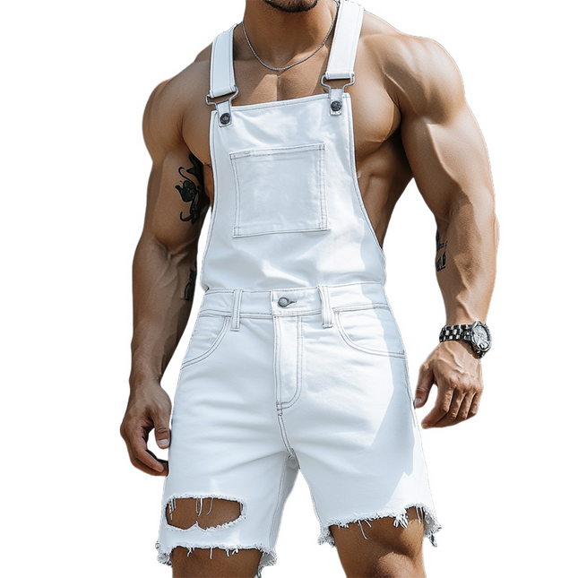 Men's Retro Denim Bib Shorts | Casual | Ripped Distressed Style | Adjustable Waist | Vintage Workwear Vibe | High-Quality 100% Denim | Relaxed Fit | Versatile Spring Summer Wear | Sizes S-3XL