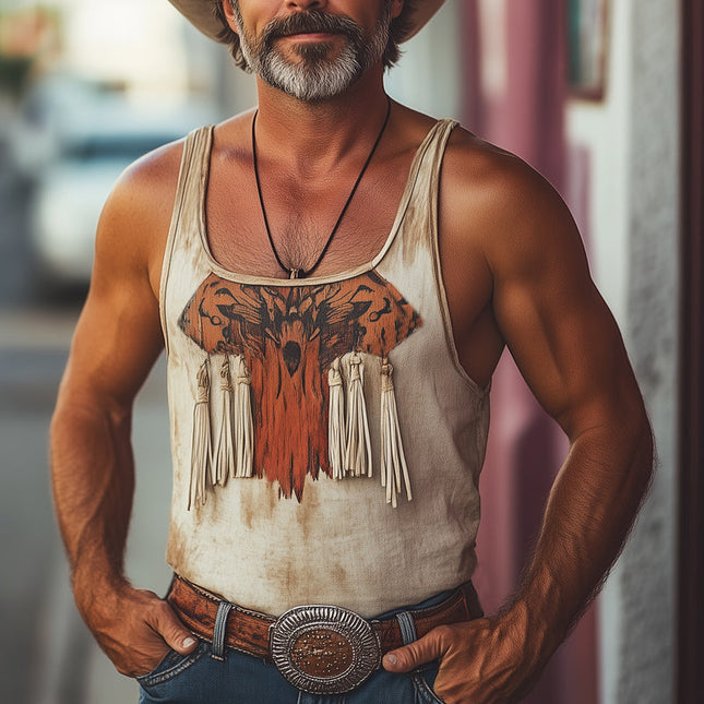 Men's Retro Tank Top | Summer Tassel Design | Printed Sleeveless Shirt | Casual Beachwear | MTA2595D7U