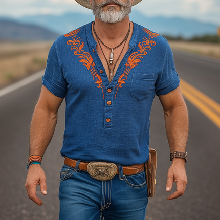 Men's Casual Retro Western Cowboy T-Shirt | Cotton Linen Blend | Embroidered Henley Collar | Short Sleeve Top | Spring Summer Vacation Style | Breathable Fabric | Comfortable Fit