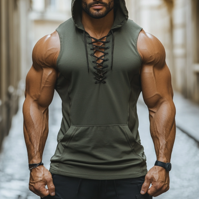 Men's Breathable Cotton Tank Top | Lace-up V-Neck | Kangaroo Pocket | Casual Hood | Slim Fit | Sleeveless | Ideal for Workouts & Casual Outings | Comfort & Style
