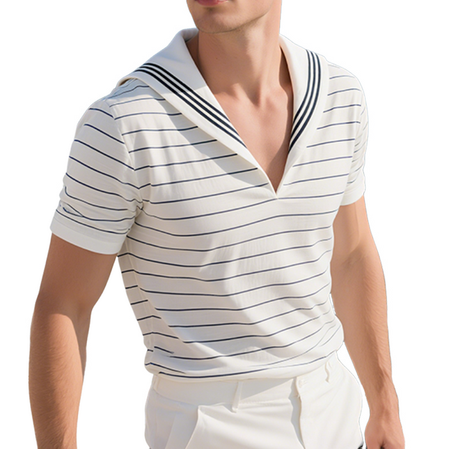 Men's Nautical Striped V-Neck T-Shirt | Retro Casual Style | Cotton Short Sleeves | Breathable Comfort | Perfect for Spring Summer Fall | Versatile Wardrobe Essential | Sizes S to 3XL