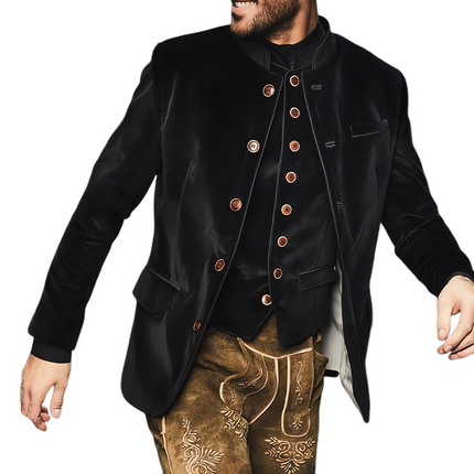 Men's Velvet Slim Jacket | Black Stand Collar | Single Breasted | Elegant Formal Wear | High-Quality Luxury Fabric | Tailored Modern Fit | Versatile Stylish Outerwear | Sophisticated Look | Special Occasions